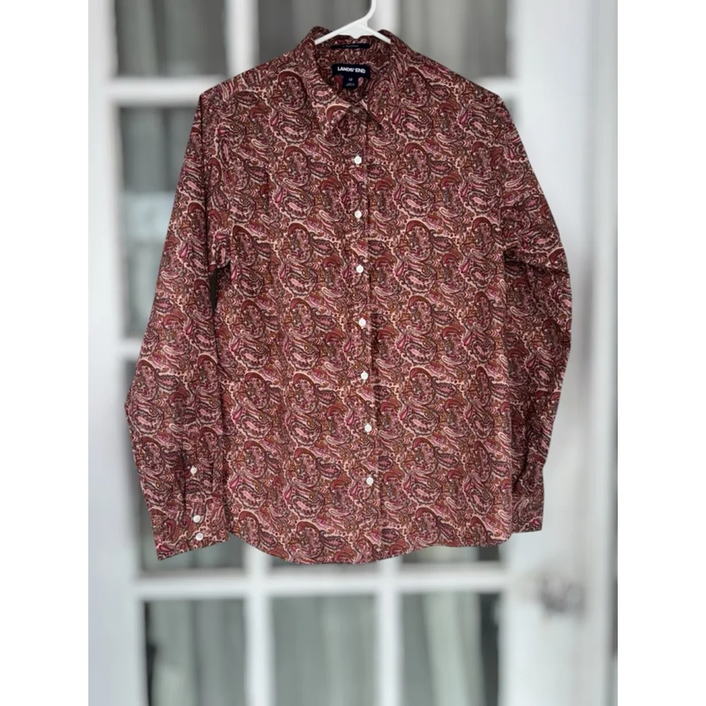 Lands' End Womens Size 12 Paisley Print Long Sleeve Button Down Shirt Retro Chic - Picture 13 of 13